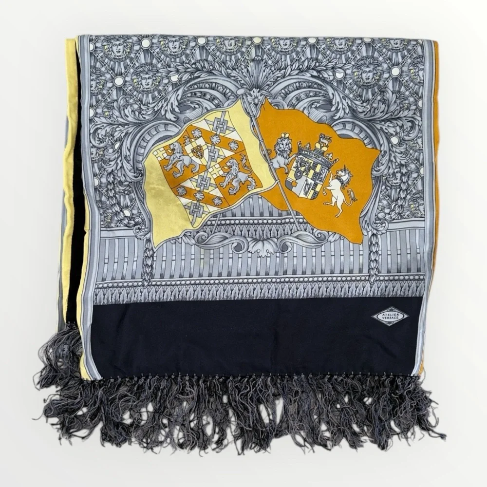Versace Black Gray Gold Yellow Crest Fringe Scarf